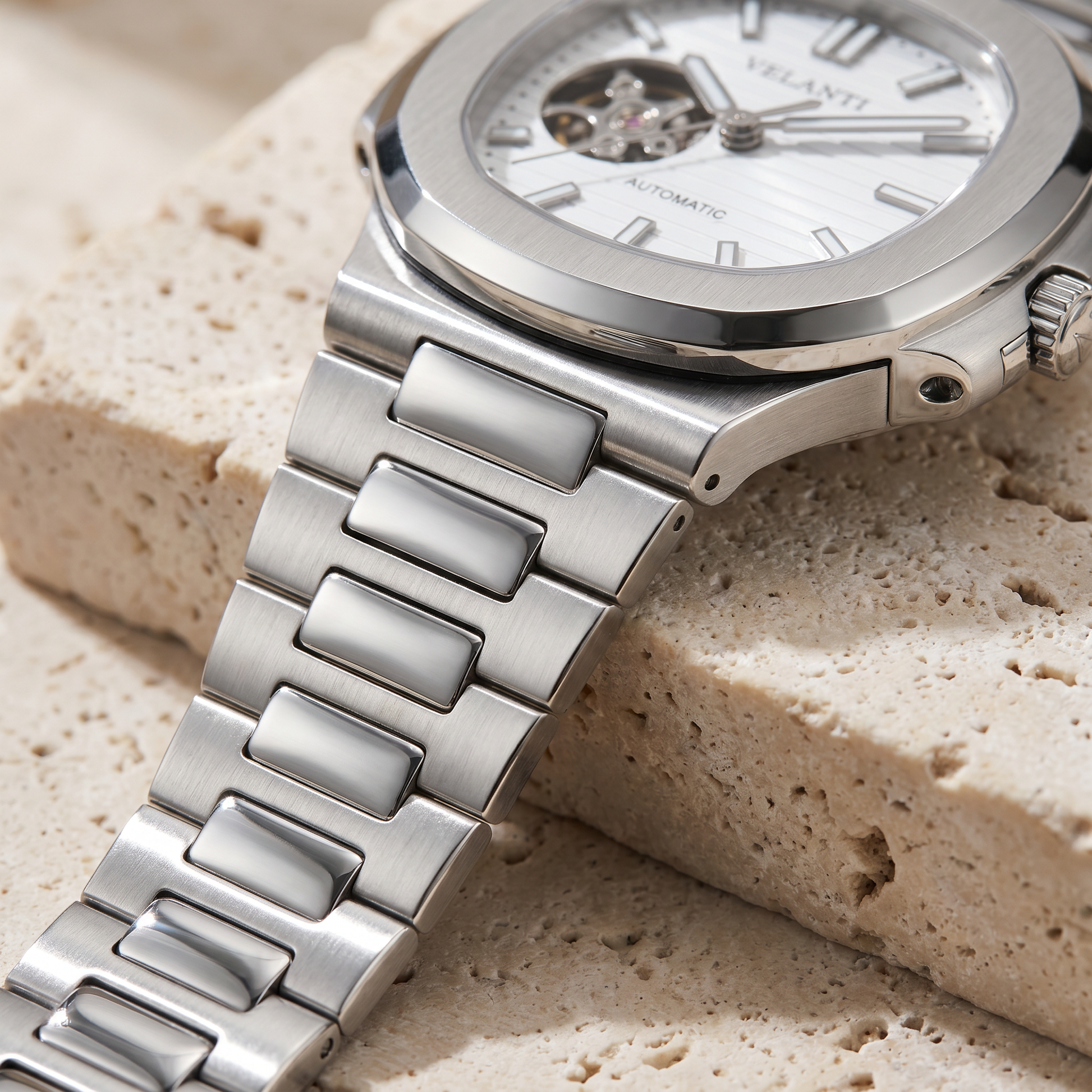 Nautilus-style custom mod watch, Velanti Milano Nautvel White Open Heart, product photo 4