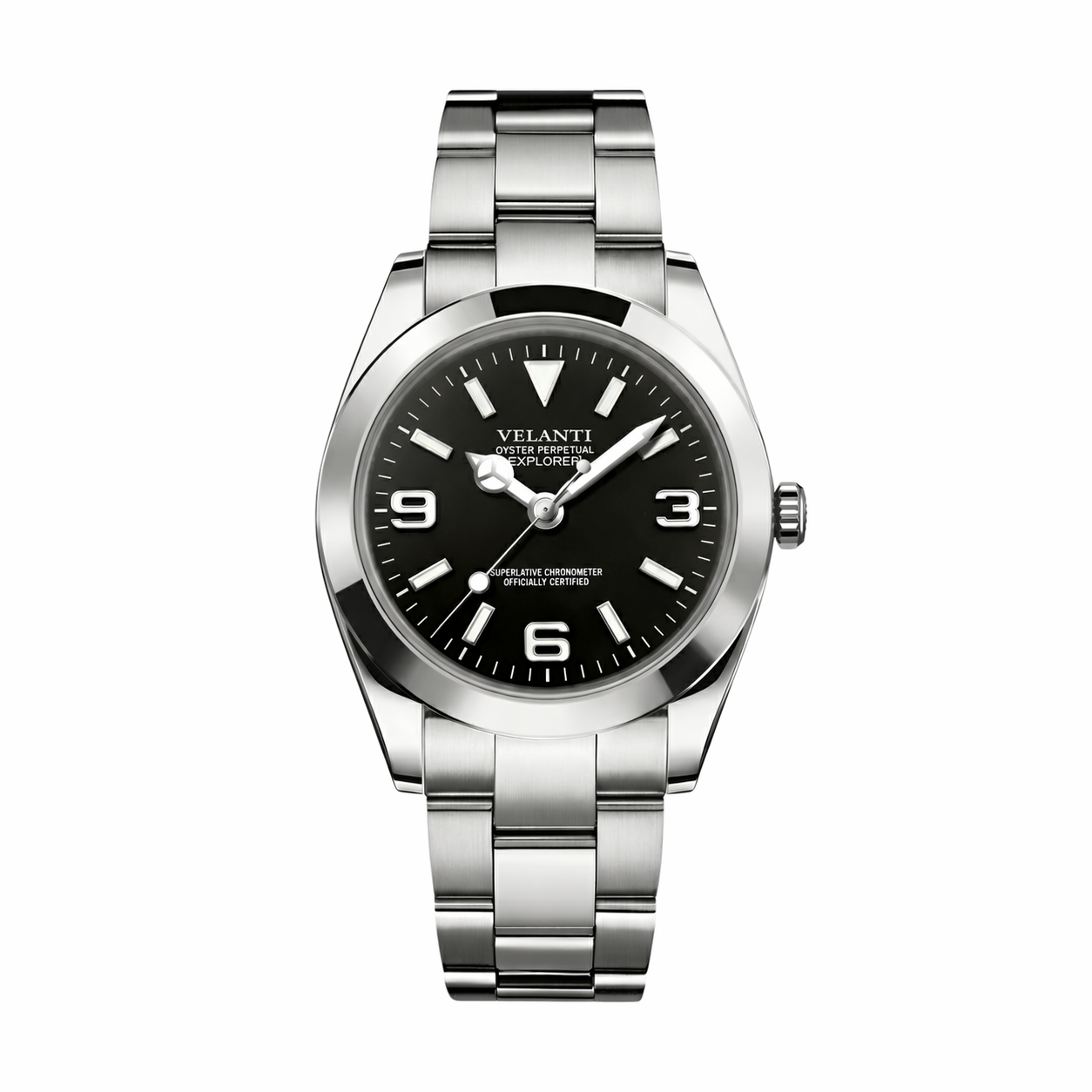 Explorer-style custom mod watch, Velanti Milano Oystvel Black, main product photo