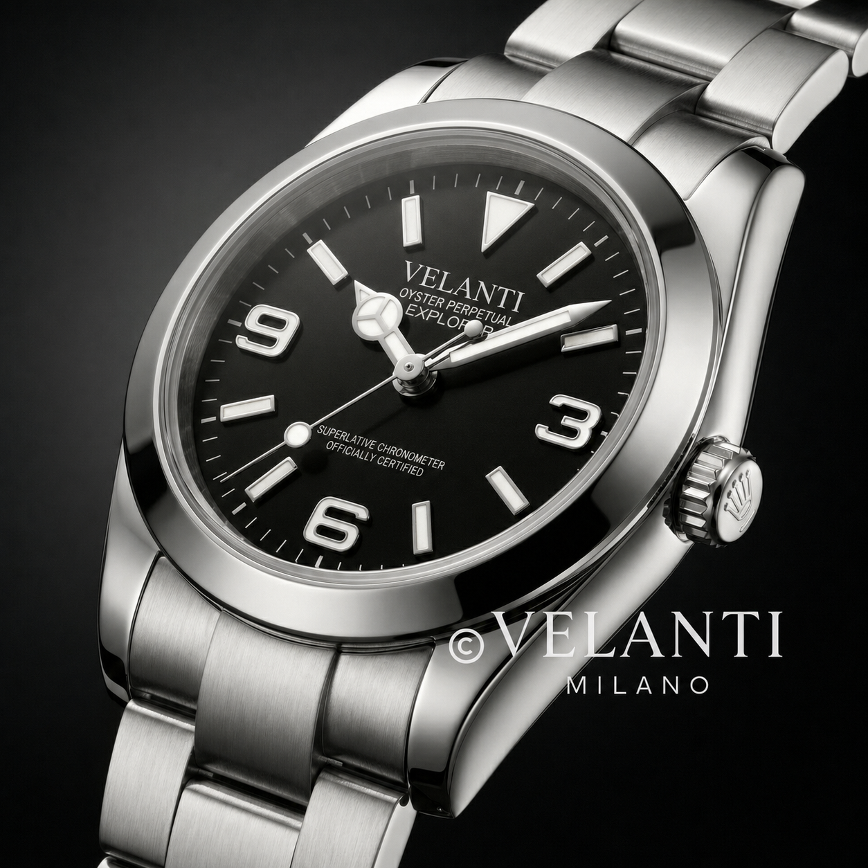 Explorer-style custom mod watch, Velanti Milano Oystvel Black, product photo 4