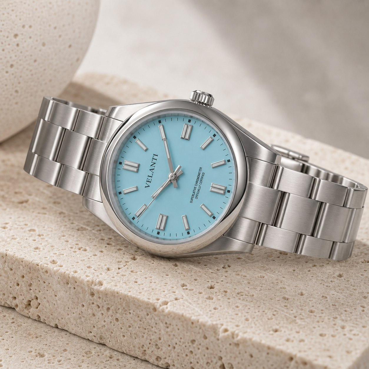Explorer-style custom mod watch, Velanti Milano Oystvel Tiffany Blue, angled product photo
