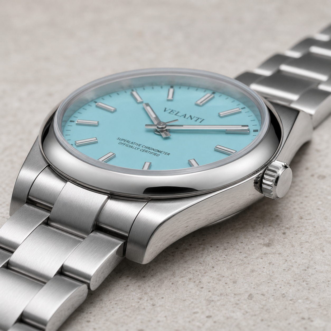 Explorer-style custom automatic watch, Velanti Milano Oystvel Tiffany Blue, side profile photo