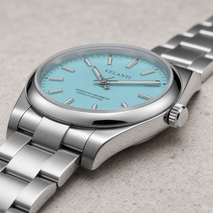 Explorer-style custom automatic watch, Velanti Milano Oystvel Tiffany Blue, side profile photo