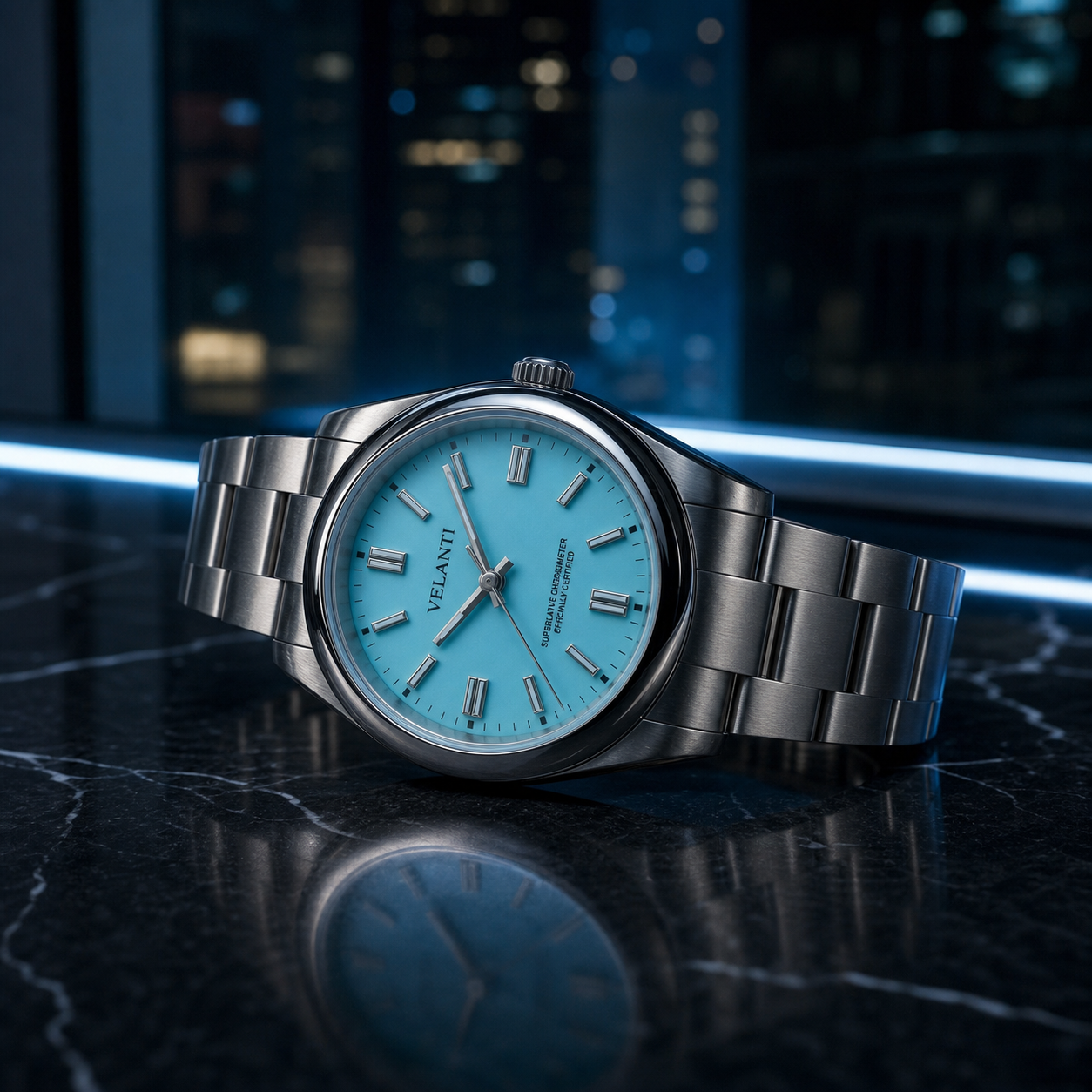 Explorer-style custom mod watch, Velanti Milano Oystvel Tiffany Blue, product photo 3