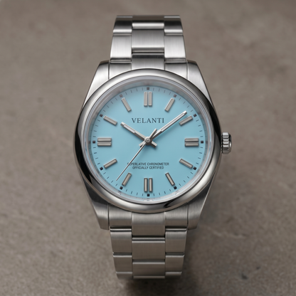 Explorer-style custom automatic watch, Velanti Milano Oystvel Tiffany Blue, watch detail photo