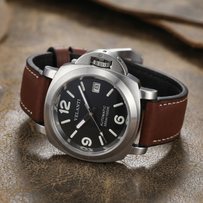 Panerai-style custom automatic watch, Velanti Milano Panvel Brown Leather, bracelet detail photo