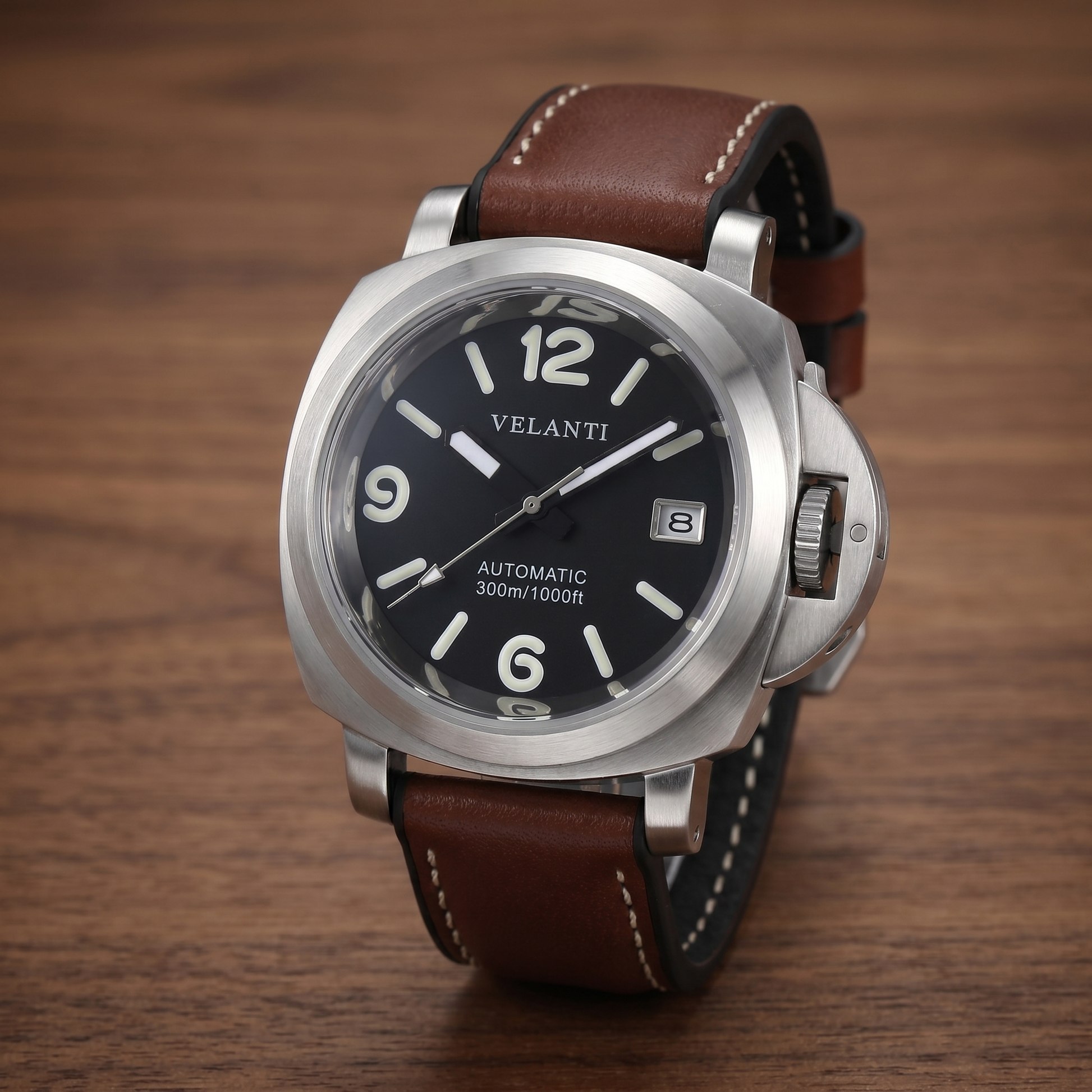 Panerai-style custom automatic watch, Velanti Milano Panvel Brown Leather, watch detail photo 13