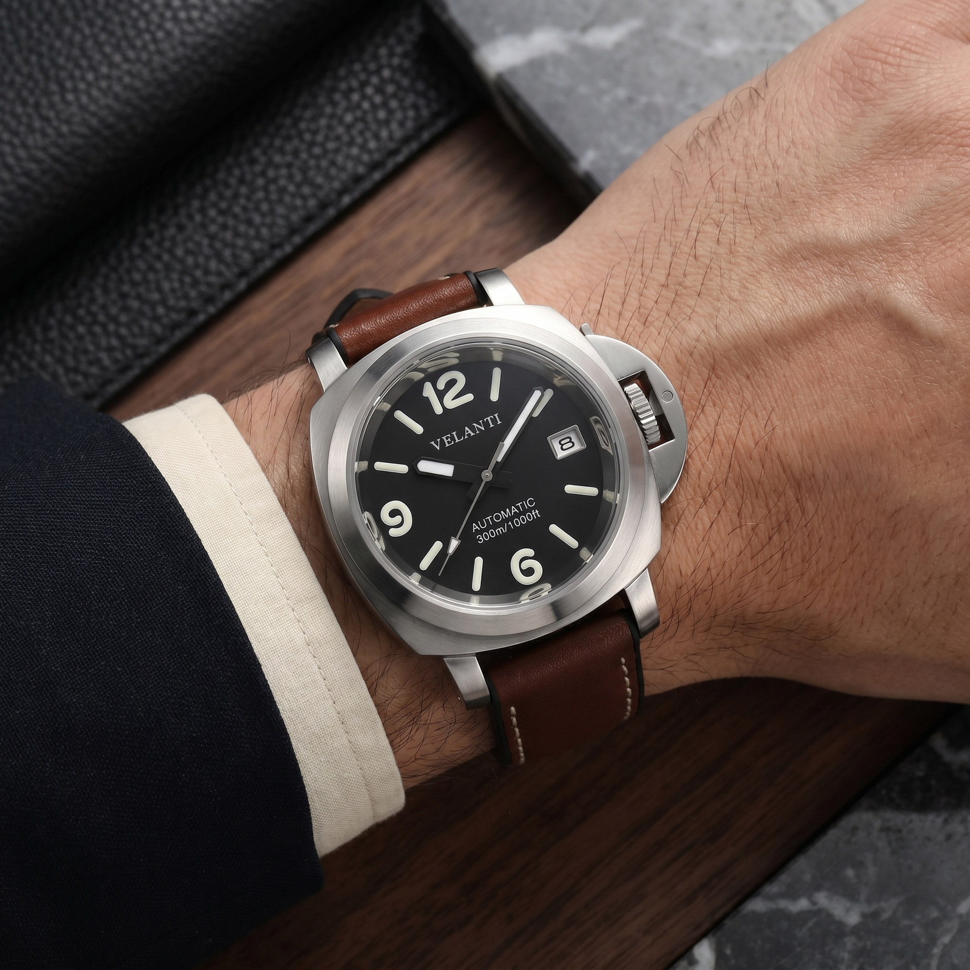 Panerai-style custom mod watch, Velanti Milano Panvel Brown Leather worn on wrist photo 14