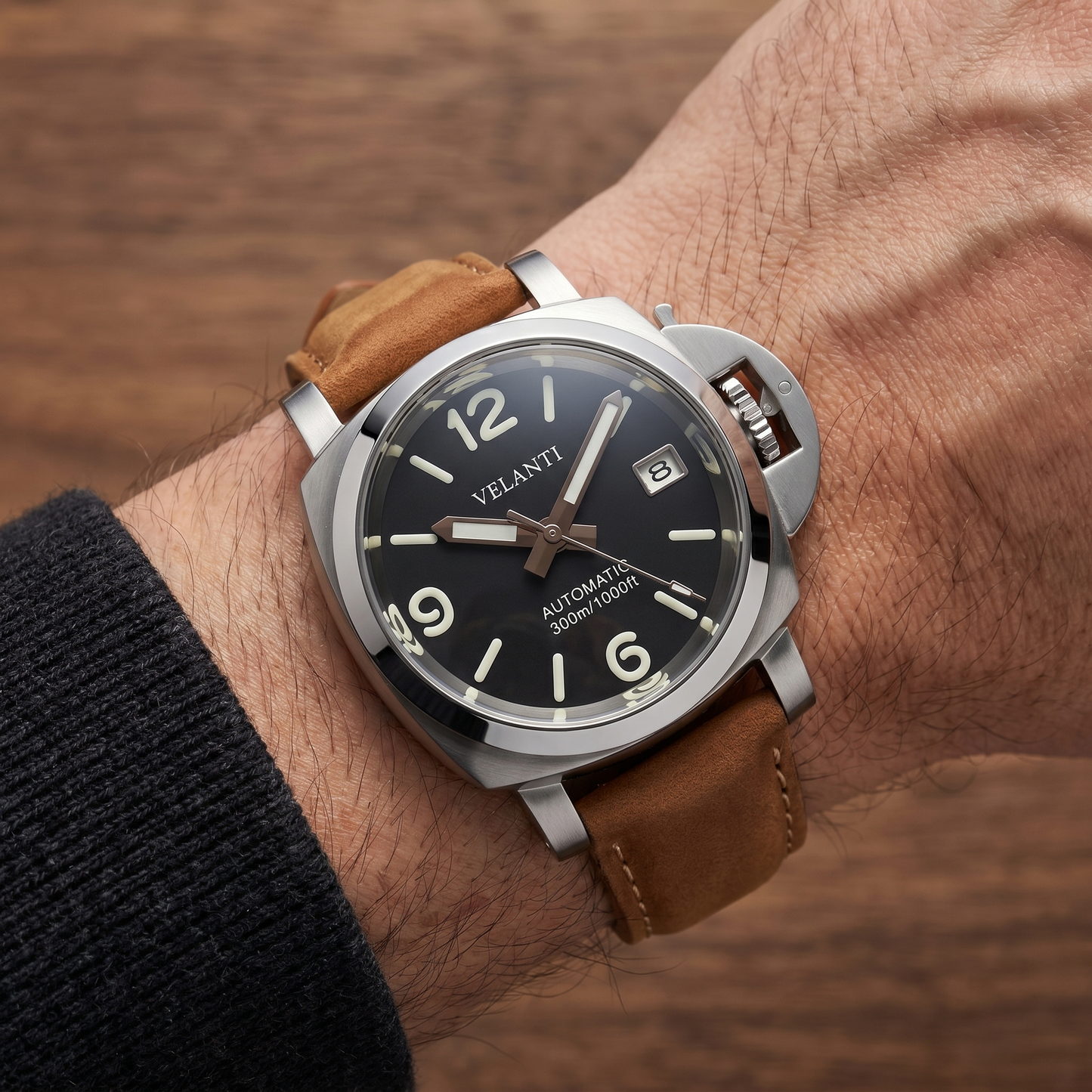 Panerai-style custom mod watch, Velanti Milano Panvel Sand Leather worn on wrist photo 5
