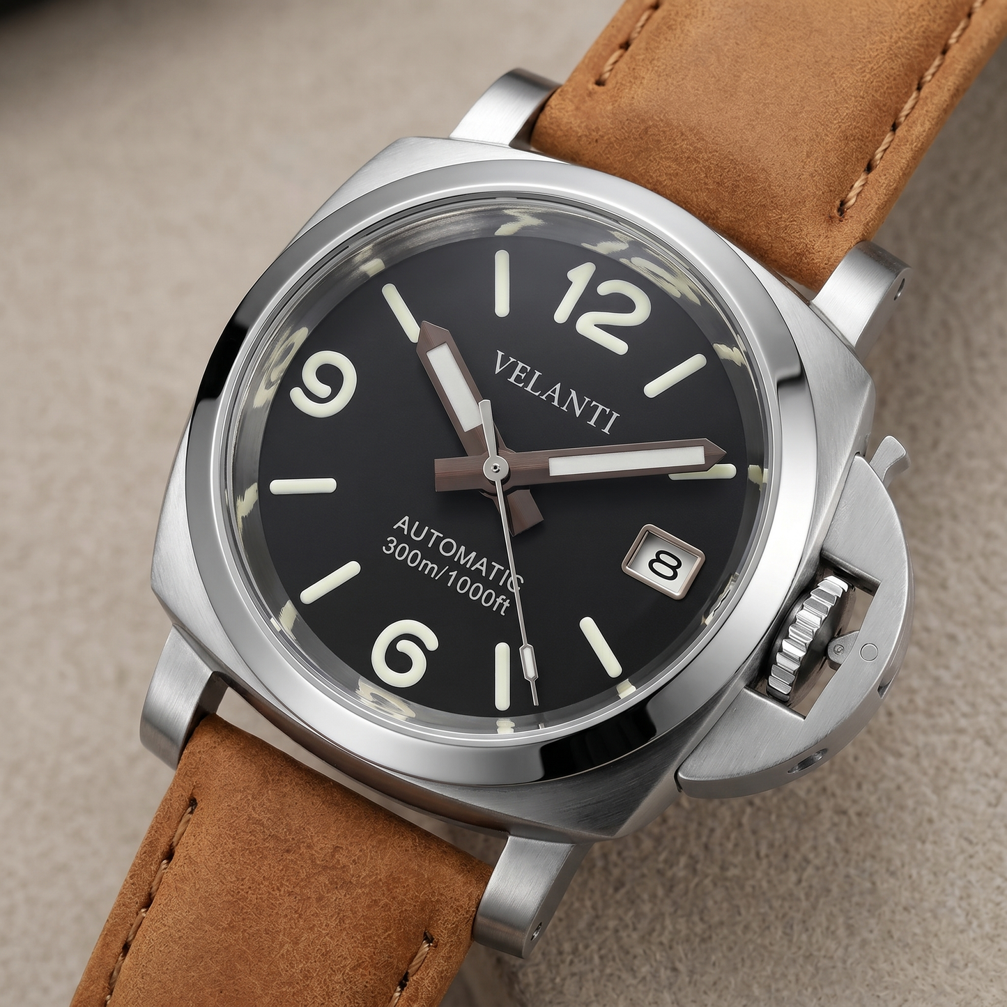 Panerai-style custom automatic watch, Velanti Milano Panvel Sand Leather, watch detail photo