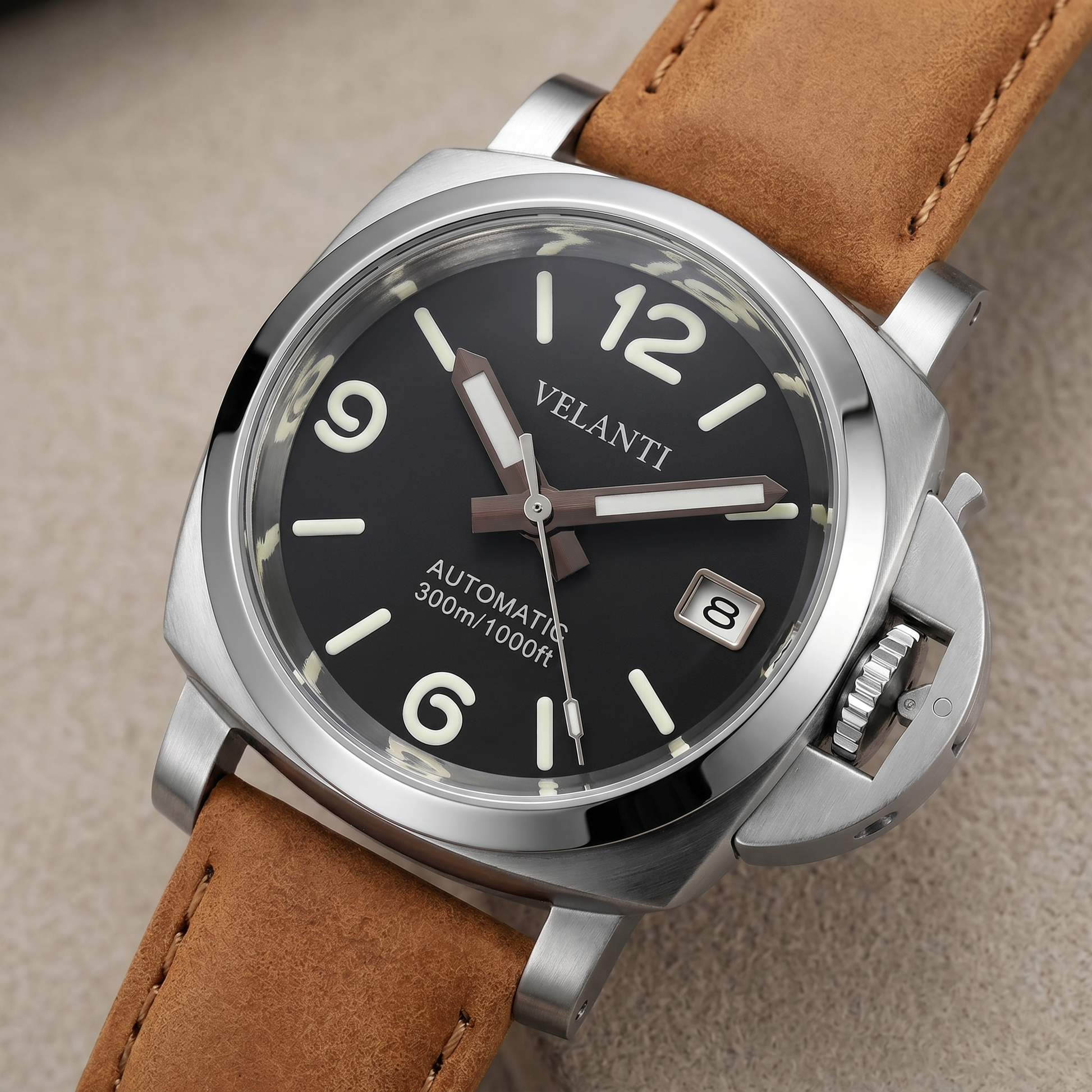 Panerai-style custom automatic watch, Velanti Milano Panvel Sand Leather, watch detail photo