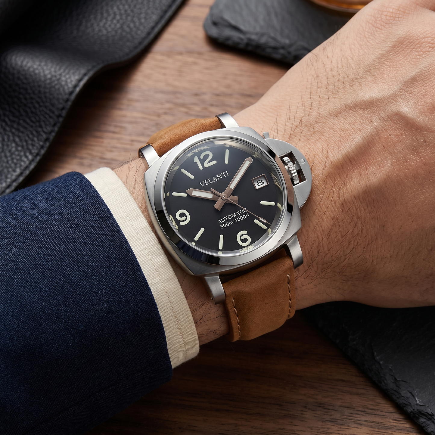Panerai-style custom mod watch, Velanti Milano Panvel Sand Leather worn on wrist photo 9