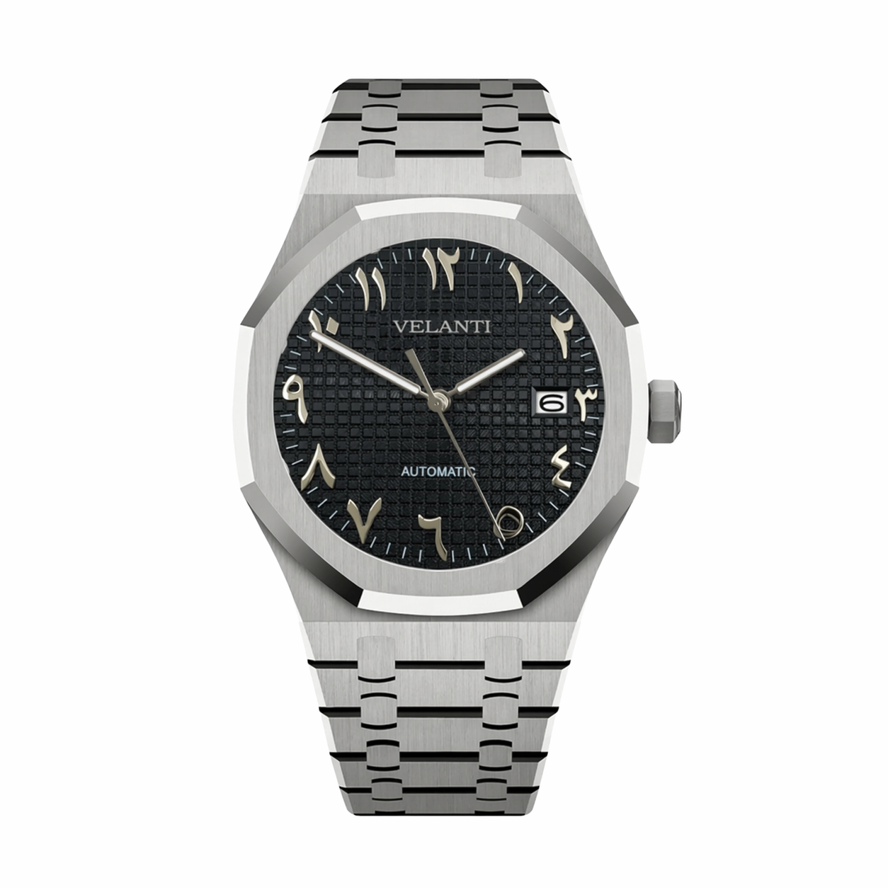 Royal Oak-style custom mod watch, Velanti Milano Royal Veloak Arabic Black, main product photo