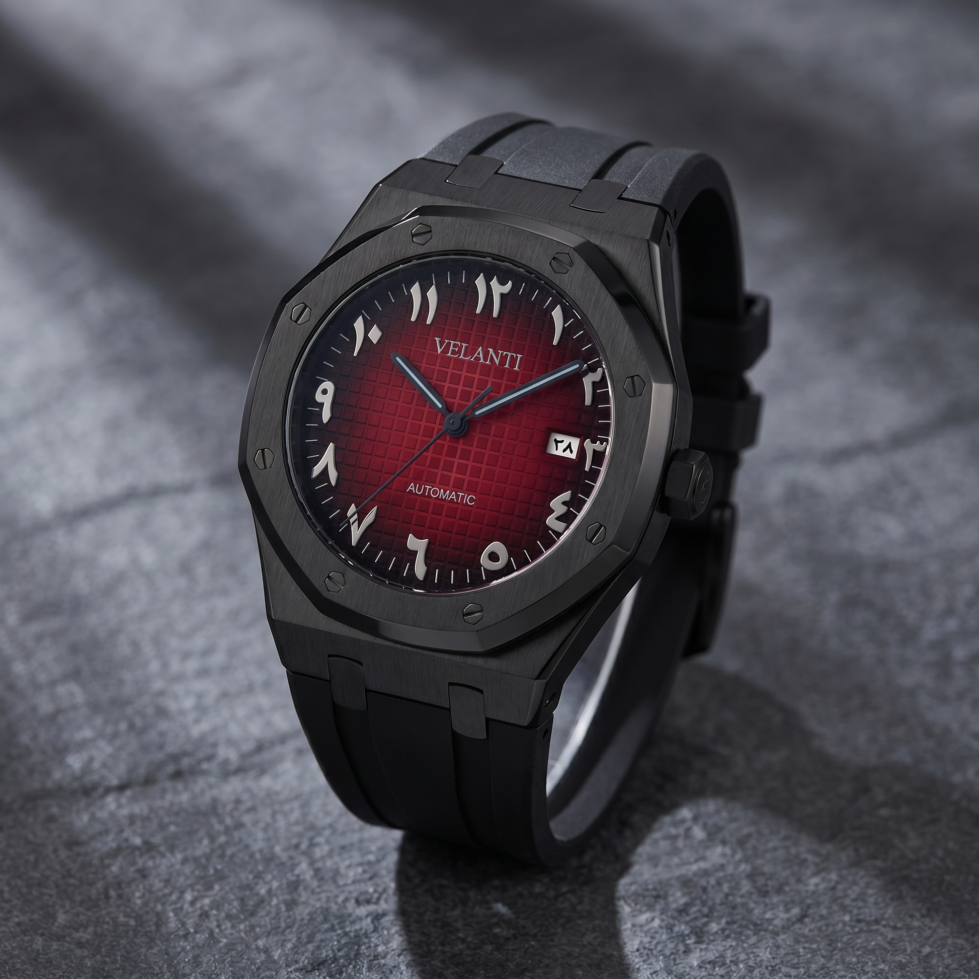 Royal Oak-style custom automatic watch, Velanti Milano Royal Veloak Arabic Black Red, watch detail photo