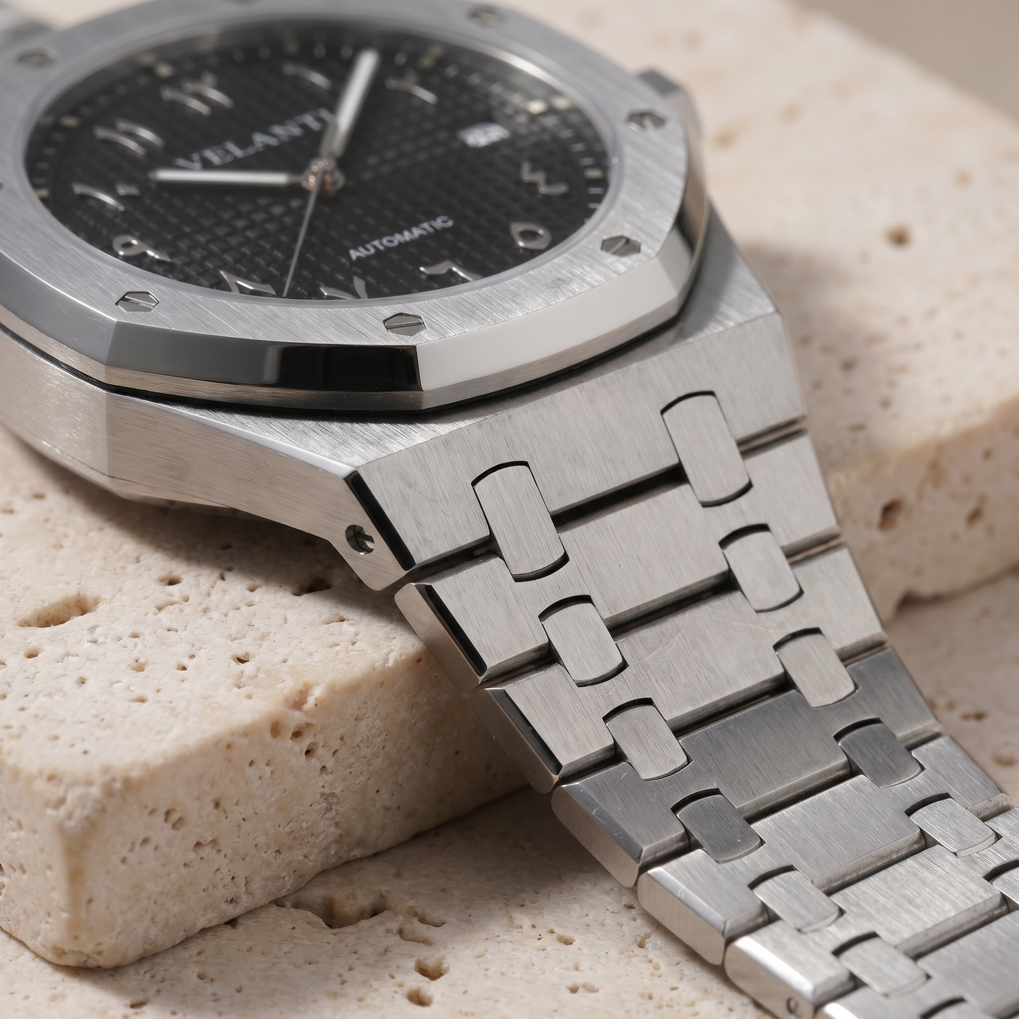 Royal Oak-style custom mod watch, Velanti Milano Royal Veloak Arabic Black, product photo 3