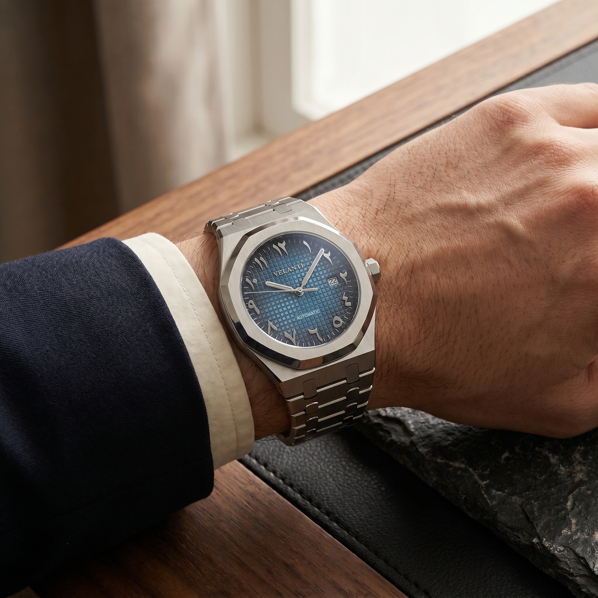 Royal Oak-style custom mod watch, Velanti Milano Royal Veloak Arabic Blue worn on wrist