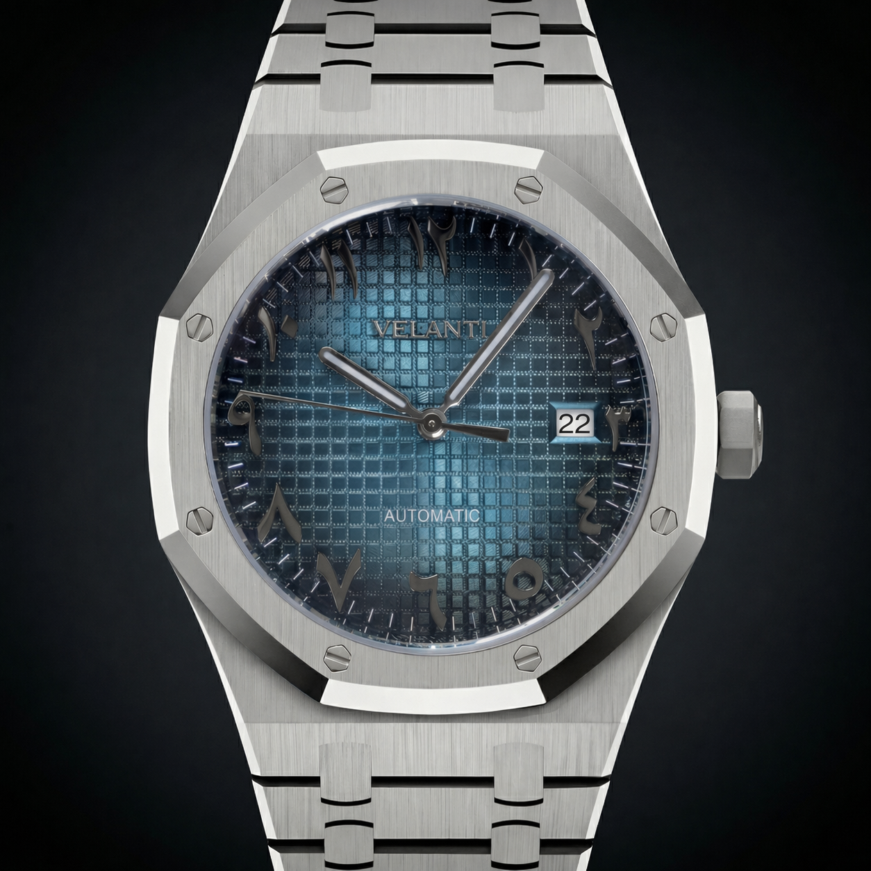 Royal Oak-style custom mod watch, Velanti Milano Royal Veloak Arabic Blue, product photo 5