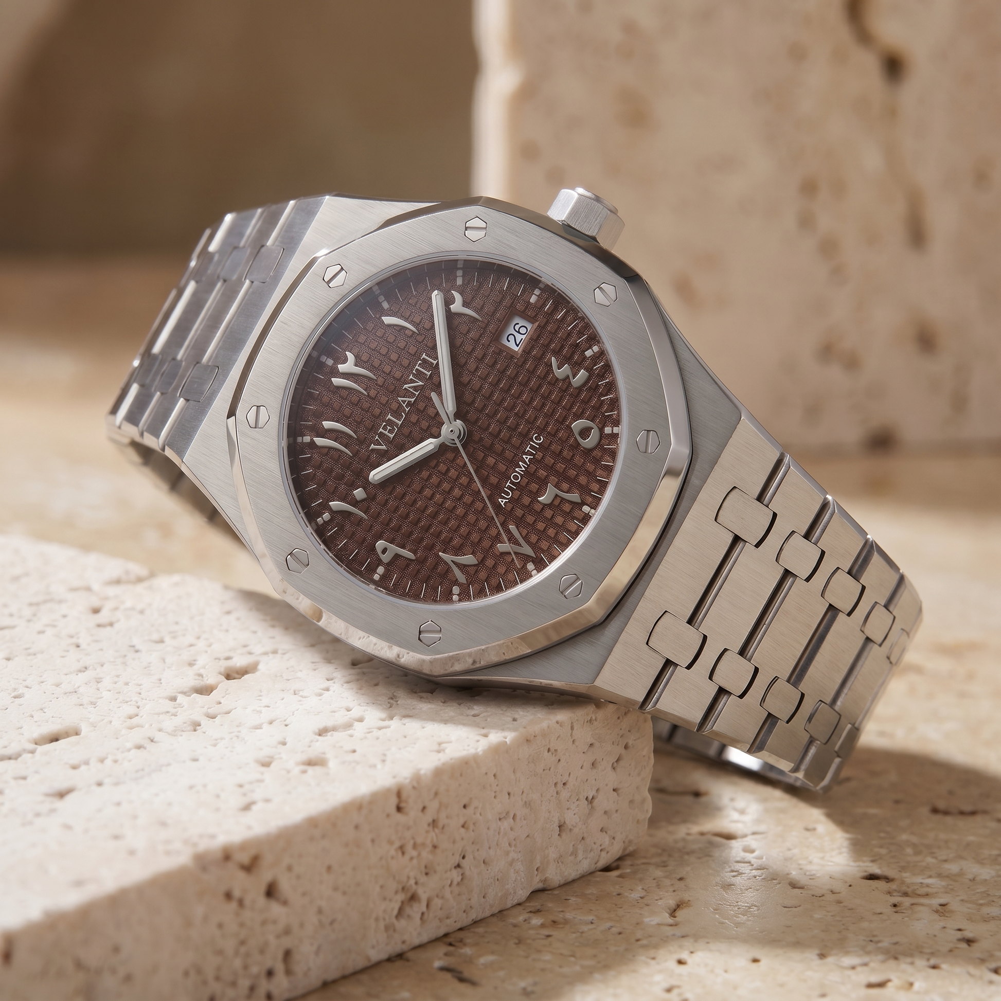 Royal Oak-style custom mod watch, Velanti Milano Royal Veloak Arabic Brown, product photo 5