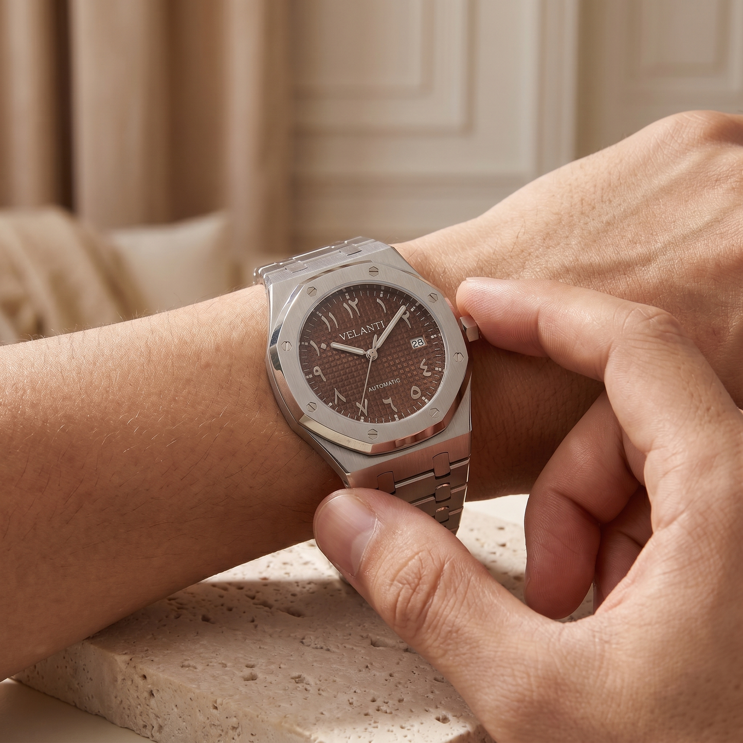 Royal Oak-style custom mod watch, Velanti Milano Royal Veloak Arabic Brown, product photo 6