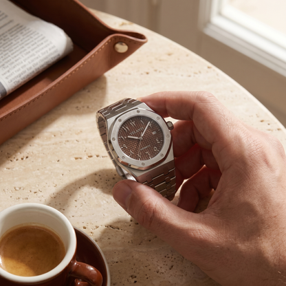 Royal Oak-style custom mod watch, Velanti Milano Royal Veloak Arabic Brown worn on wrist