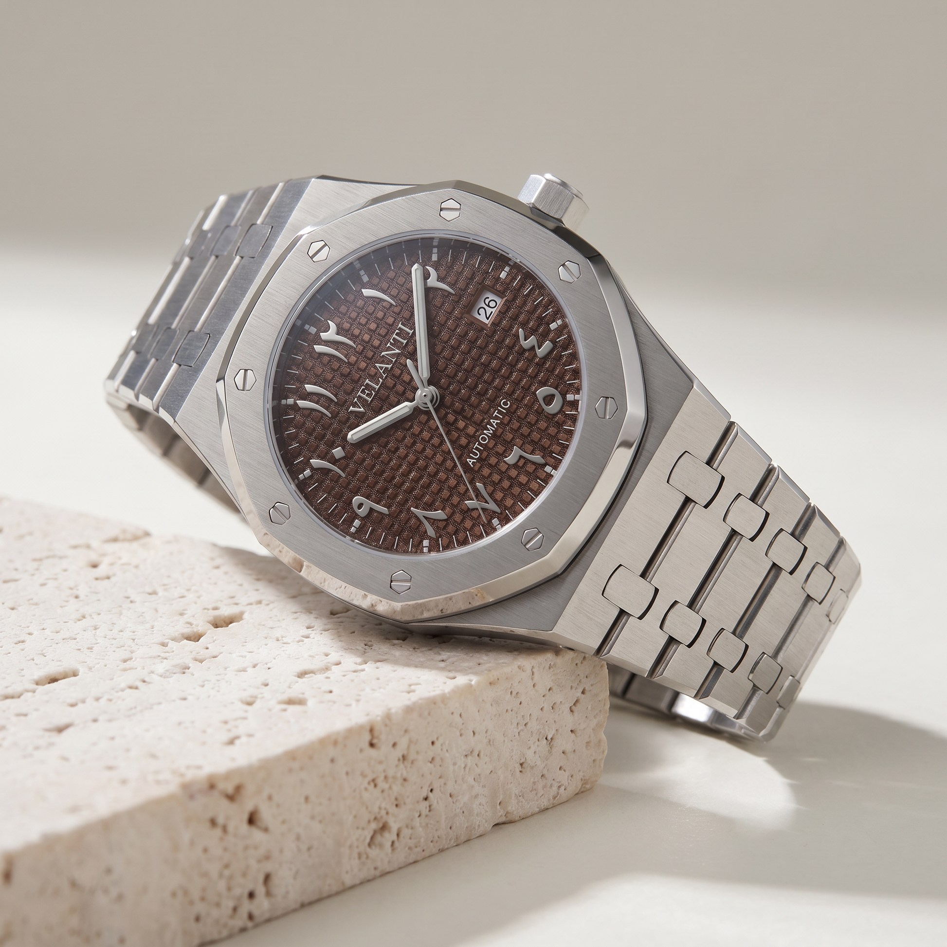 Royal Oak-style custom mod watch, Velanti Milano Royal Veloak Arabic Brown, product photo 2