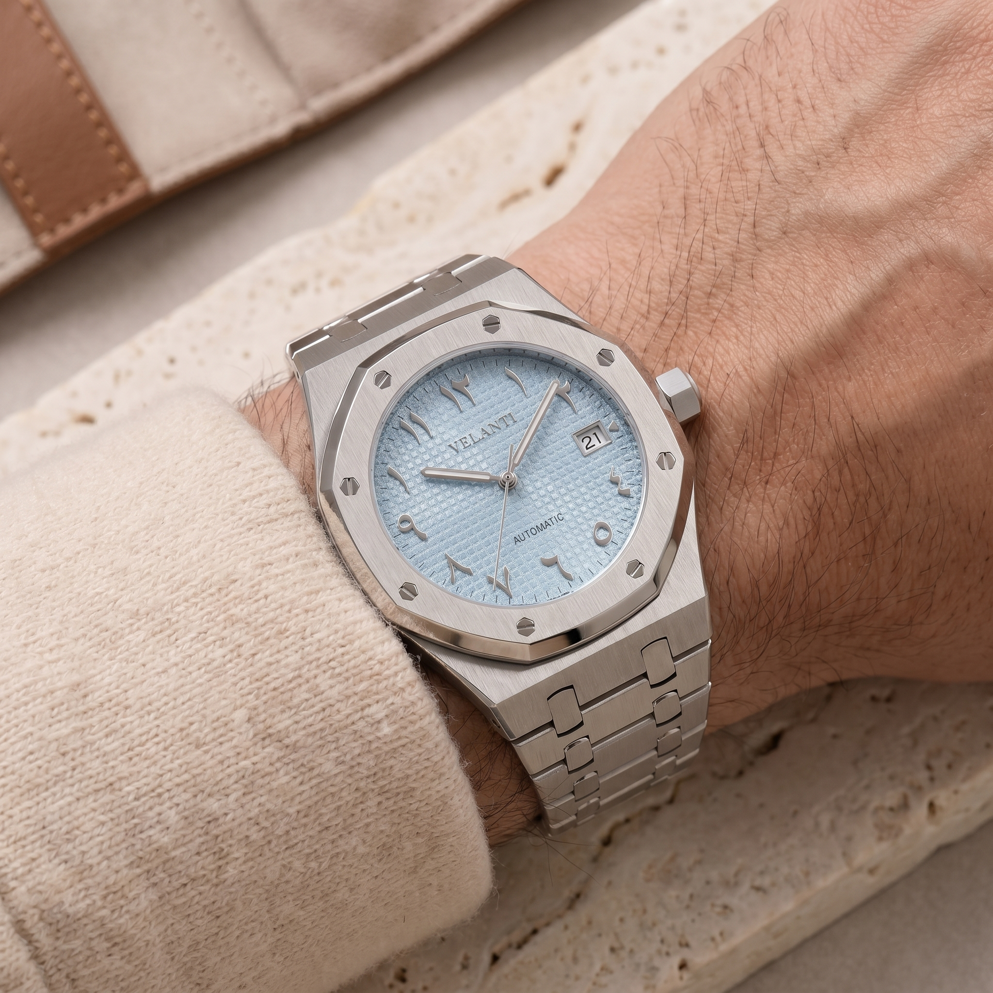 Royal Oak-style custom mod watch, Velanti Milano Royal Veloak Arabic Ice Blue, product photo 5