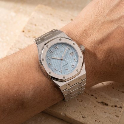 Royal Oak-style custom mod watch, Velanti Milano Royal Veloak Arabic Ice Blue worn on wrist