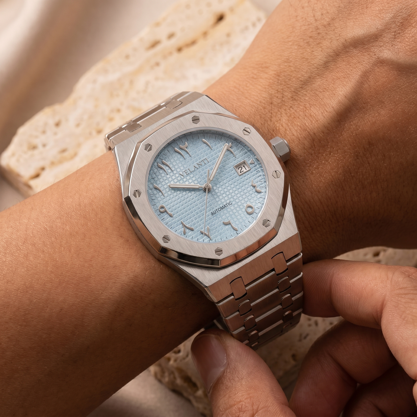 Royal Oak-style custom mod watch, Velanti Milano Royal Veloak Arabic Ice Blue, product photo 6