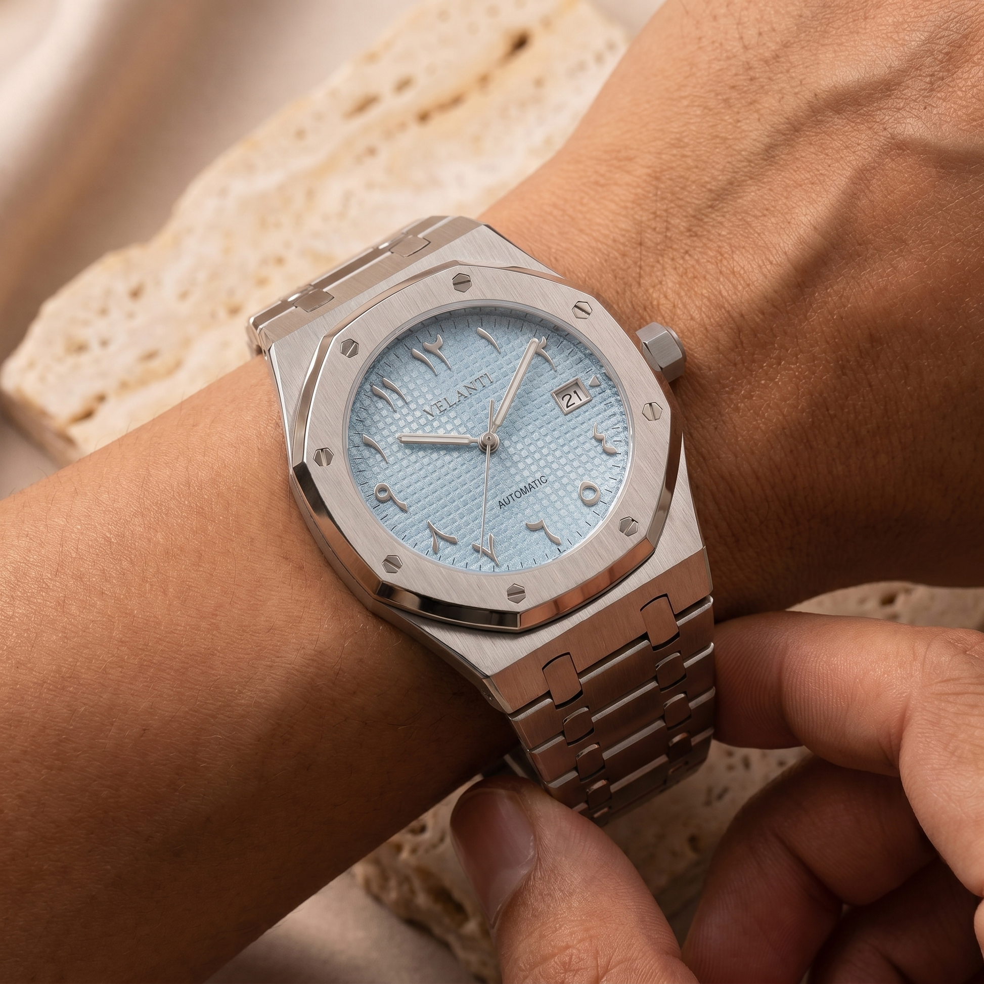 Royal Oak-style custom mod watch, Velanti Milano Royal Veloak Arabic Ice Blue, product photo 6