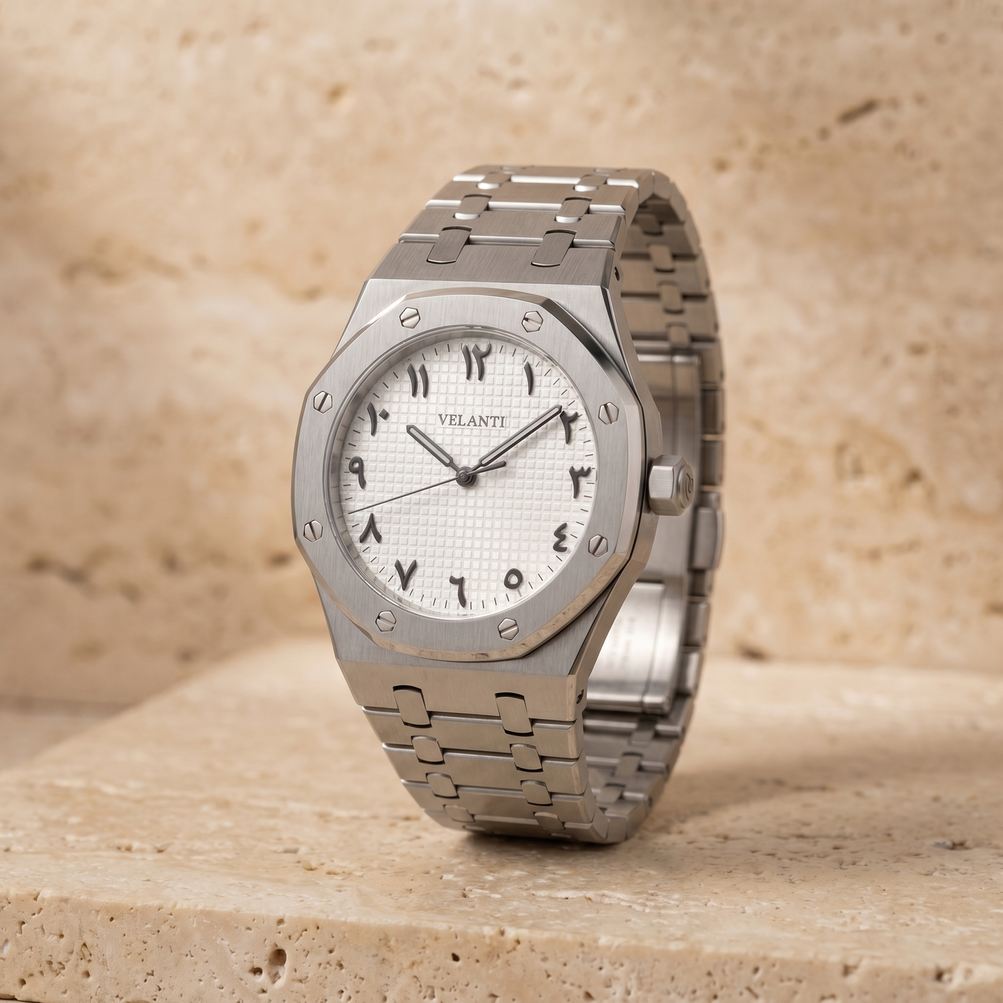Royal Oak-style custom automatic watch, Velanti Milano Royal Veloak Arabic White, watch detail photo 3