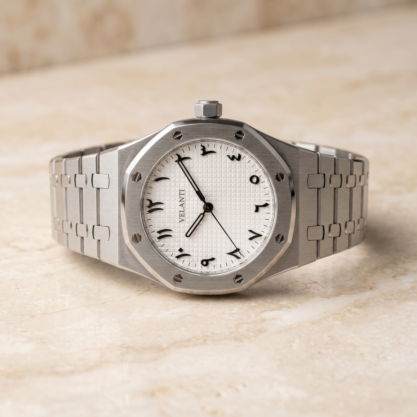 Royal Oak-style custom automatic watch, Velanti Milano Royal Veloak Arabic White, watch detail photo 5