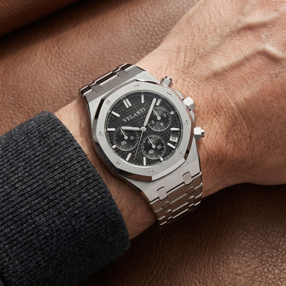 Royal Oak-style custom chronograph watch, Velanti Milano Royal Veloak Chrono Black worn on wrist photo 9