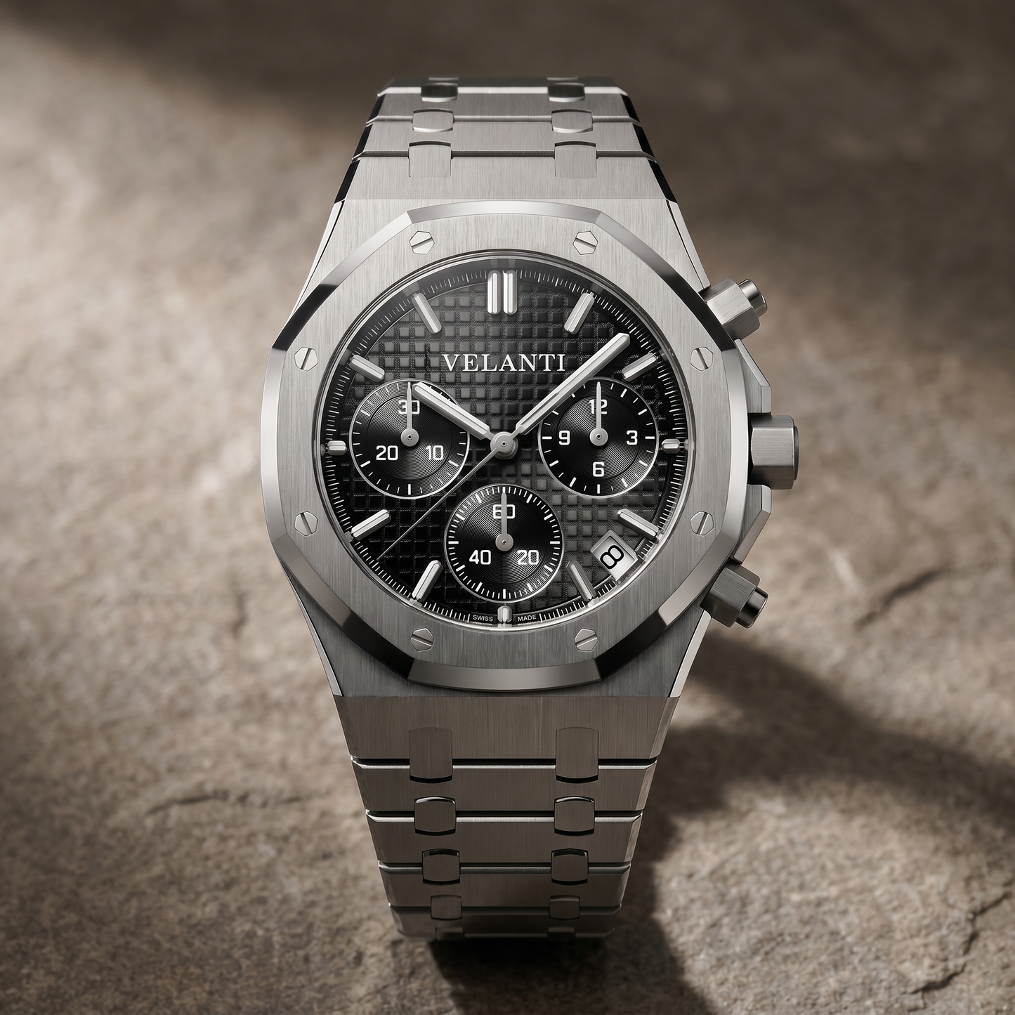 Royal Oak-style custom chronograph watch, Velanti Milano Royal Veloak Chrono Black, watch detail photo