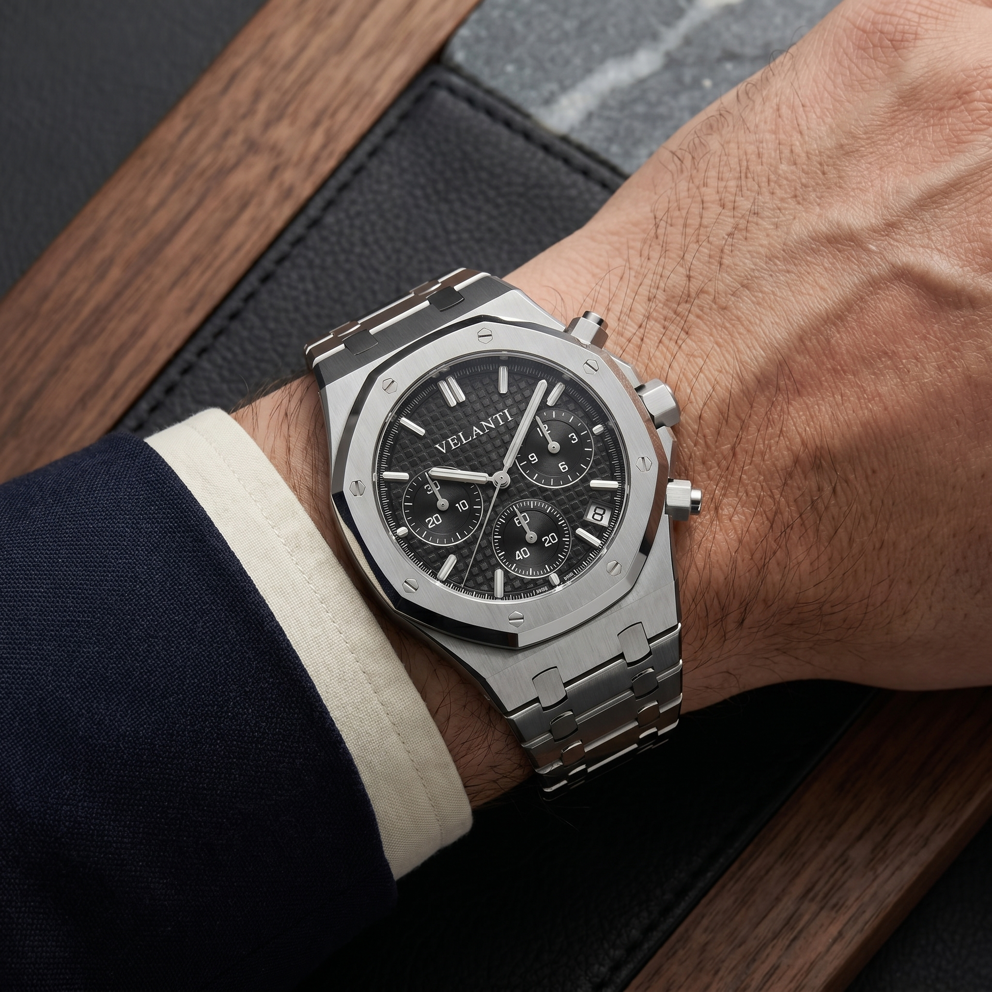 Royal Oak-style custom chronograph watch, Velanti Milano Royal Veloak Chrono Black worn on wrist photo 8