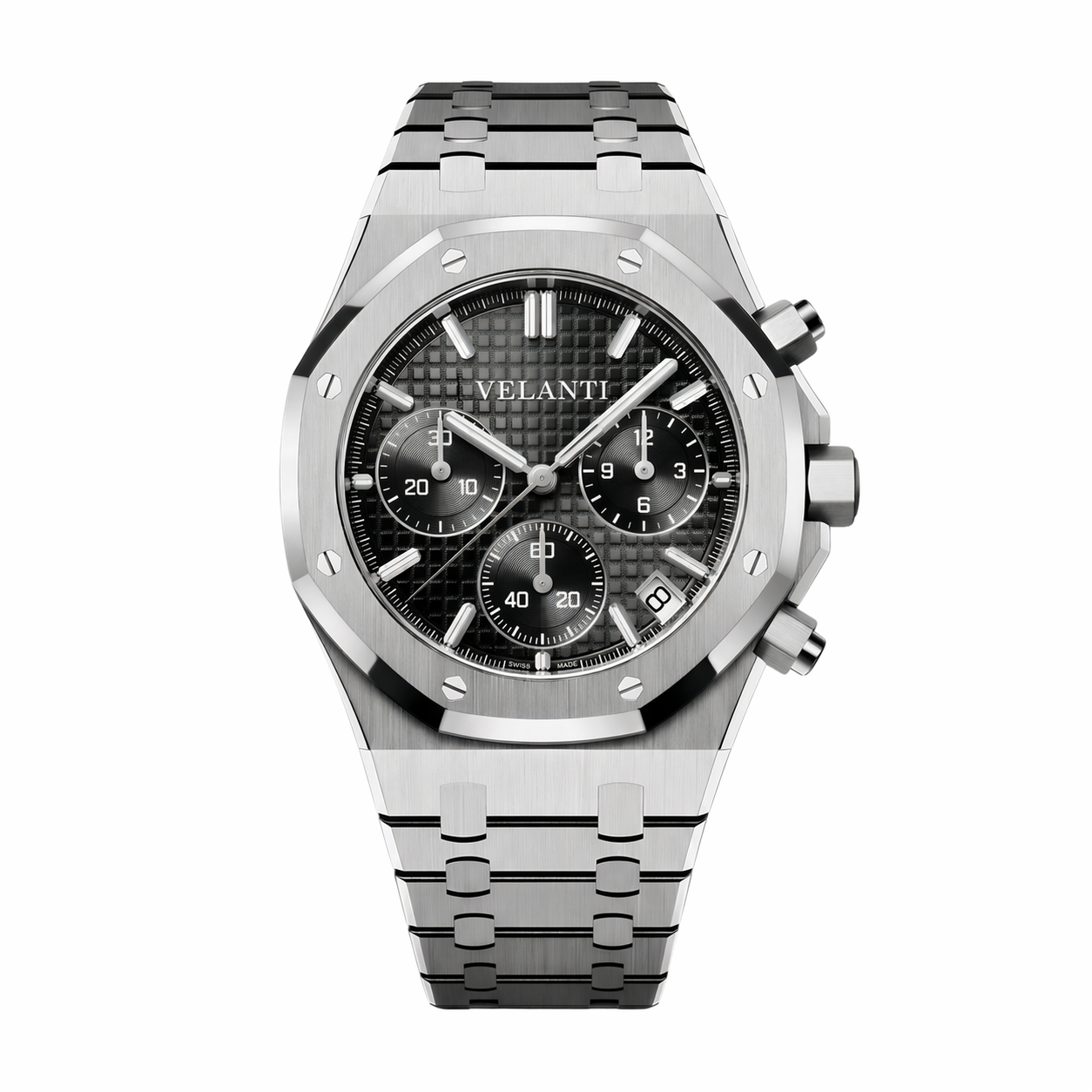 Royal Oak-style custom chronograph watch, Velanti Milano Royal Veloak Chrono Black, main product photo