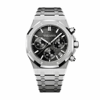 Royal Oak-style custom chronograph watch, Velanti Milano Royal Veloak Chrono Black, main product photo