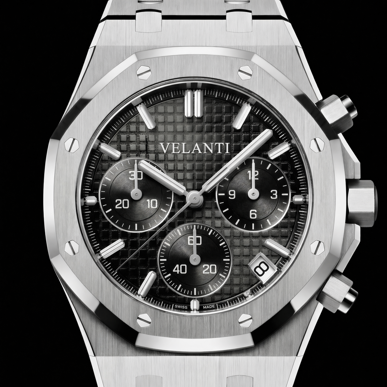 Royal Oak-style custom chronograph watch, Velanti Milano Royal Veloak Chrono Black, product photo 3