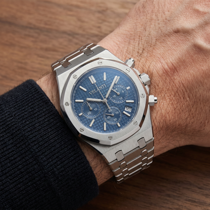 Royal Oak-style custom chronograph watch, Velanti Milano Royal Veloak Chrono Blue worn on wrist photo 11