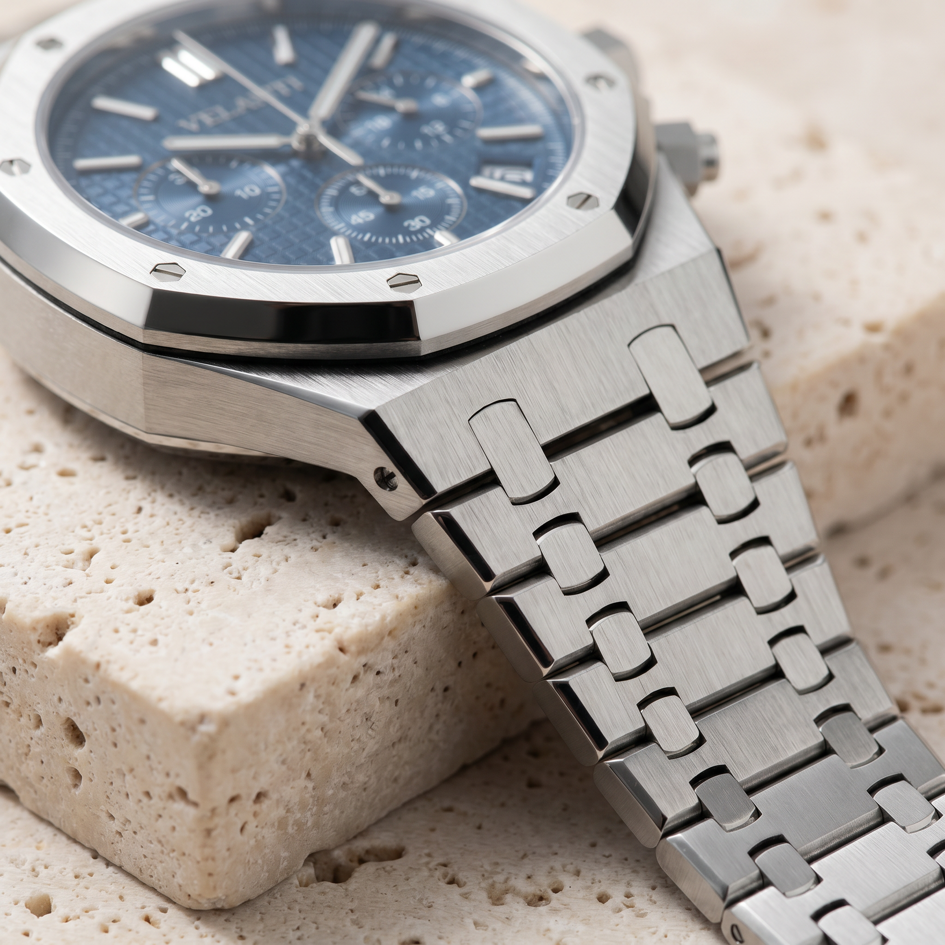 Royal Oak-style custom chronograph watch, Velanti Milano Royal Veloak Chrono Blue, product photo 7