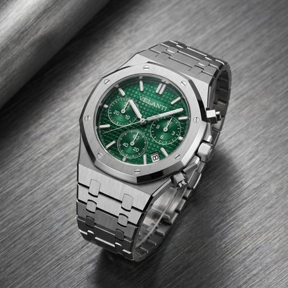 Royal Oak-style custom chronograph watch, Velanti Milano Royal Veloak Chrono Green, bracelet detail photo