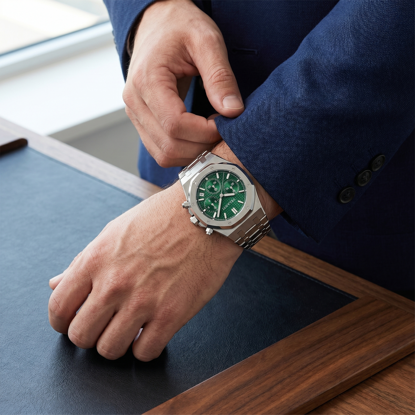 Royal Oak-style custom chronograph watch, Velanti Milano Royal Veloak Chrono Green worn on wrist photo 7