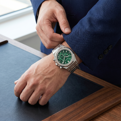 Royal Oak-style custom chronograph watch, Velanti Milano Royal Veloak Chrono Green worn on wrist photo 7