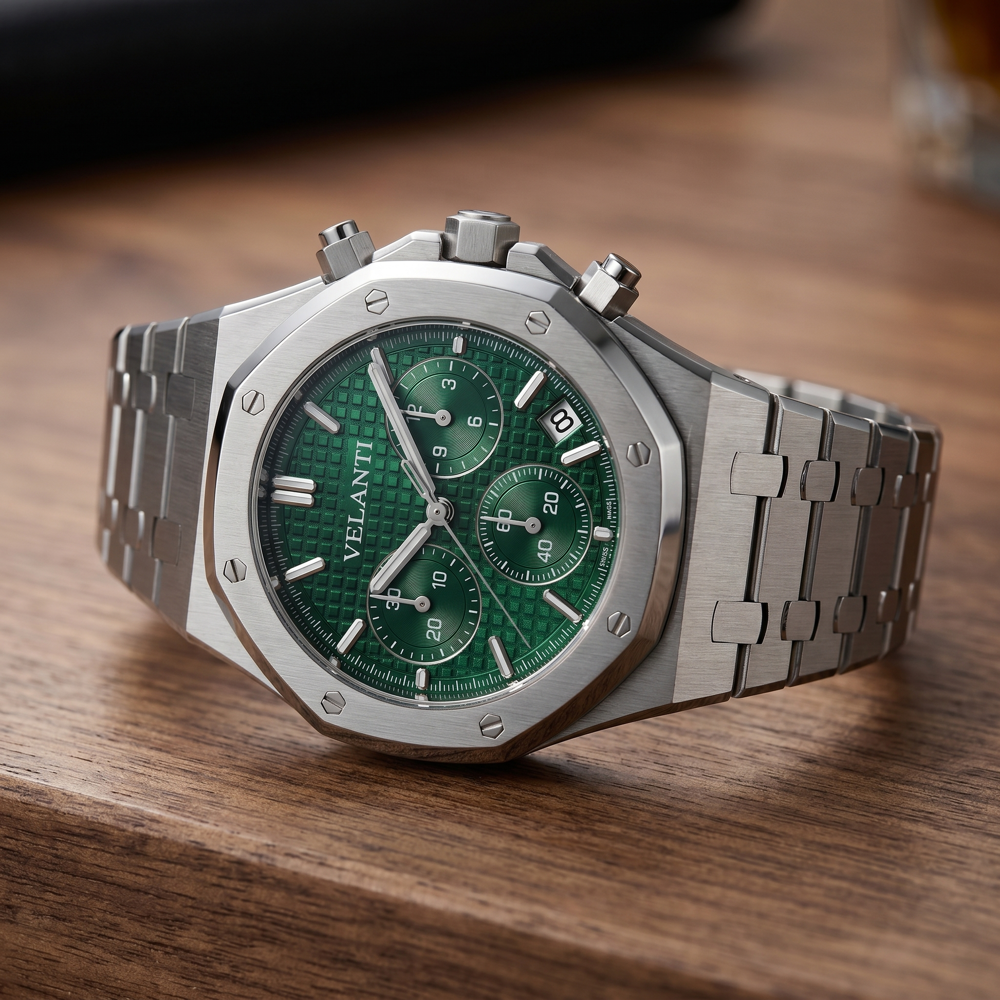 Royal Oak-style custom chronograph watch, Velanti Milano Royal Veloak Chrono Green, watch detail photo