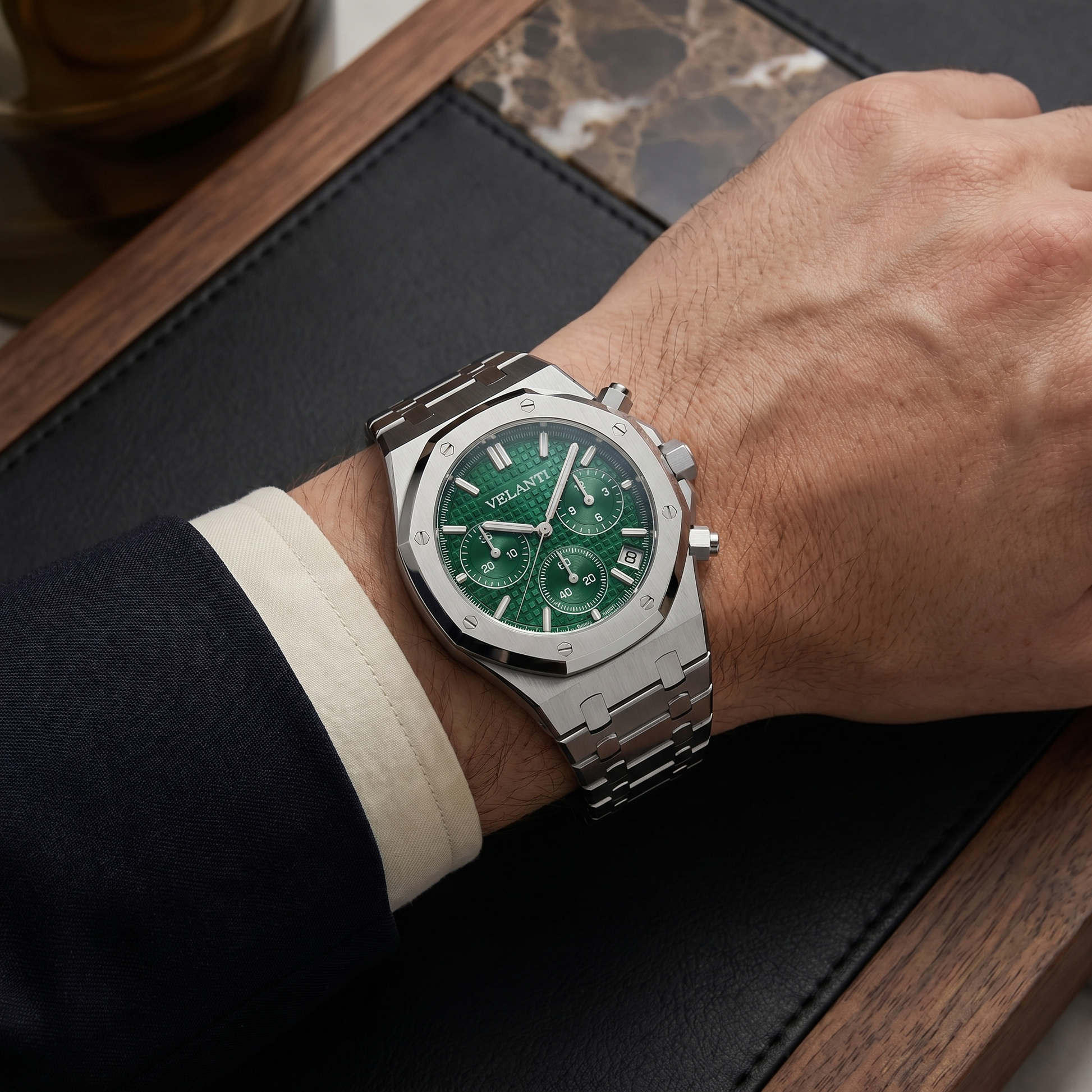 Royal Oak-style custom chronograph watch, Velanti Milano Royal Veloak Chrono Green worn on wrist photo 9