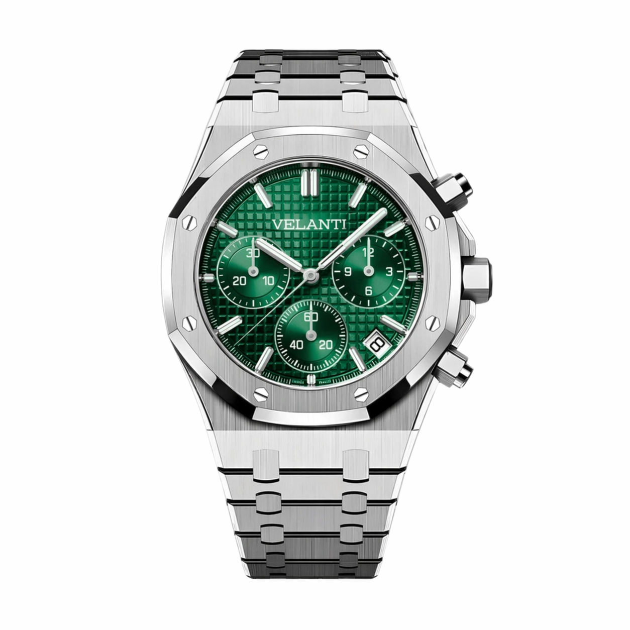 Royal Oak-style custom chronograph watch, Velanti Milano Royal Veloak Chrono Green, main product photo