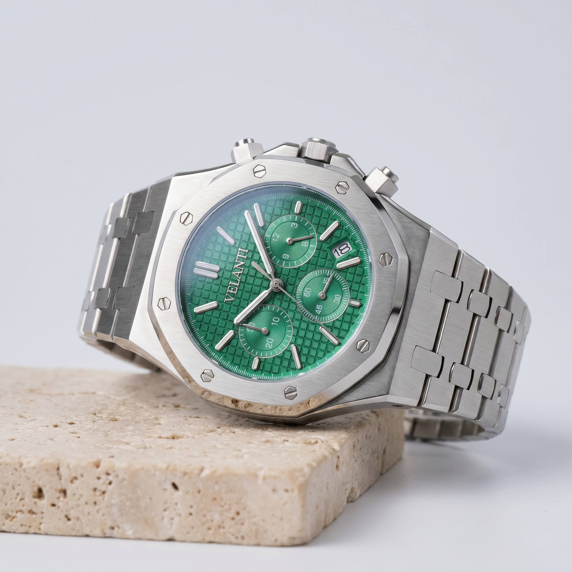 Royal Oak-style custom chronograph watch, Velanti Milano Royal Veloak Chrono Green, product photo 2