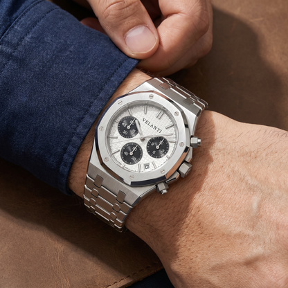 Royal Oak-style custom chronograph watch, Velanti Milano Royal Veloak Chrono Panda worn on wrist photo 9
