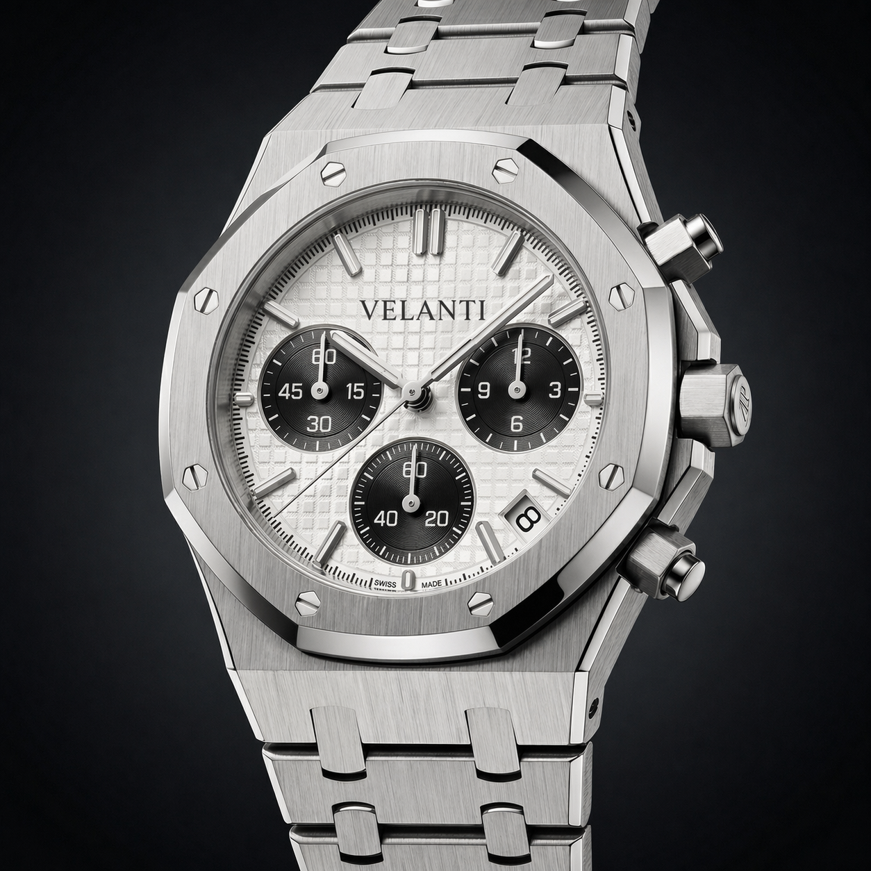 Royal Oak-style custom chronograph watch, Velanti Milano Royal Veloak Chrono Panda, product photo 4
