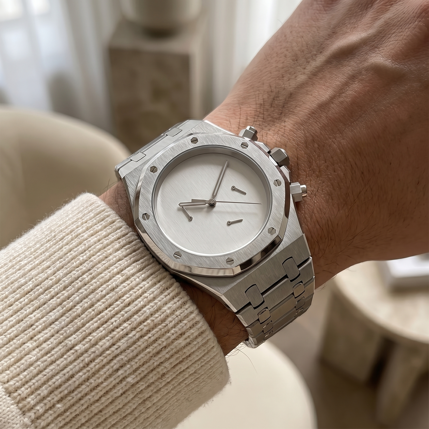 Royal Oak-style custom chronograph watch, Velanti Milano Royal Veloak Chrono Silver Minimalist worn on wrist photo 3