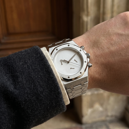 Royal Oak-style custom chronograph watch, Velanti Milano Royal Veloak Chrono Silver Minimalist, product photo 5