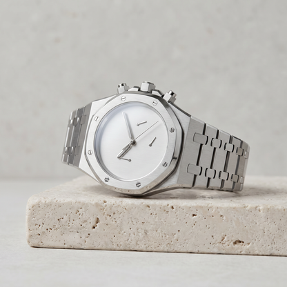 Royal Oak-style custom chronograph watch, Velanti Milano Royal Veloak Chrono Silver Minimalist, product photo 2